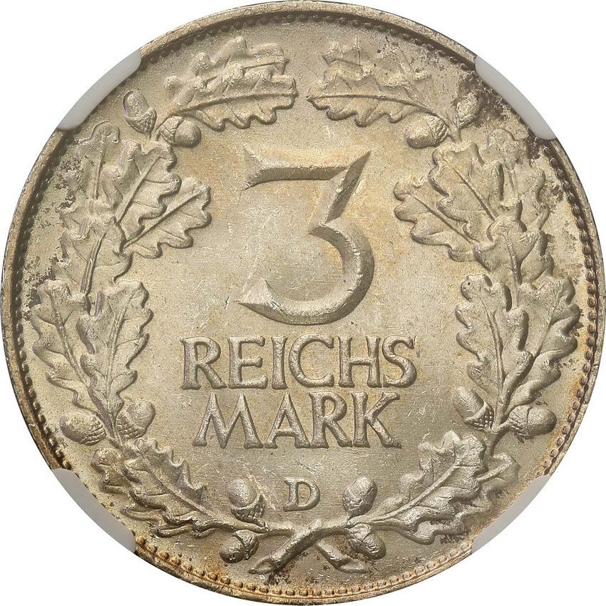 Niemcy. Weimar, 3 marki 1925 D, Rheinland NGC MS65